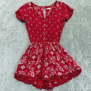 Hollister Women's Short Romper Size S Red Floral Print Bandana Western Ruffle‎